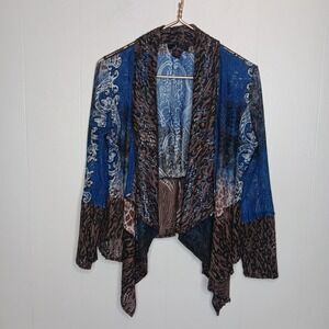 Alberto Makali Cardigan Size M Blue Brown Damask Leopard Patchwork Artsy Boho